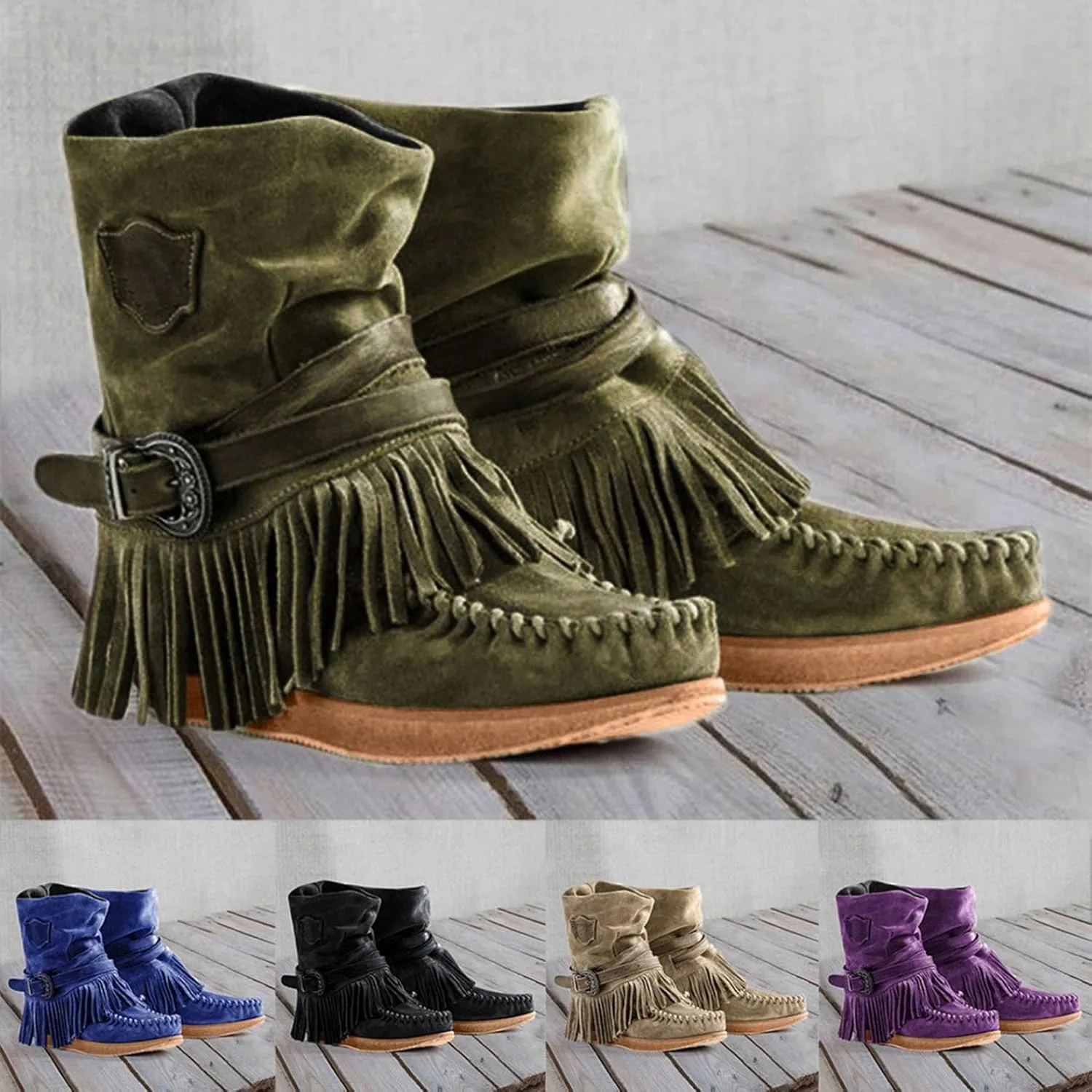 Gibobby Booties for Womens Mid Knee High Boots Chunky Heel Fringe Side Zipper Fashion Winter Shoes Cowboy Booties