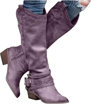 Gibobby Booties for Womens Mid Knee High Boots Chunky Heel Wide Calf Side Zipper Fashion Winter Cowboy Booties