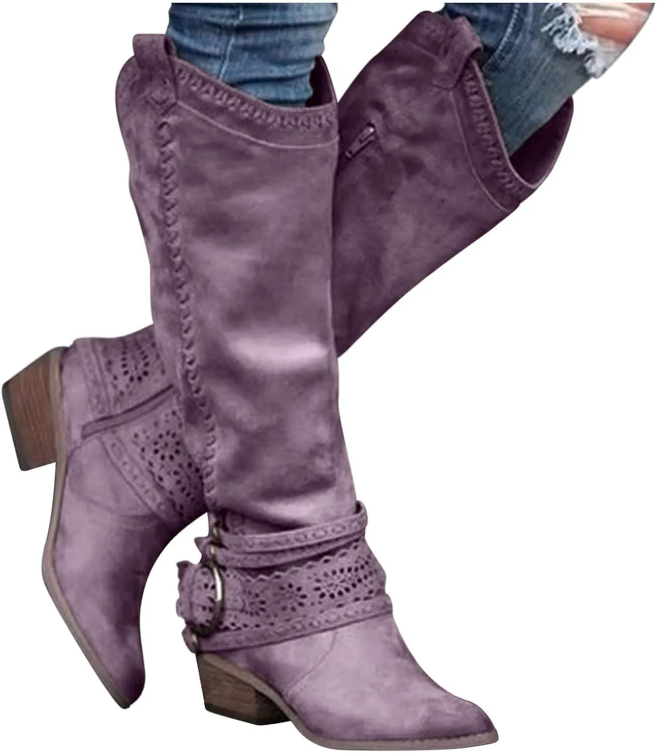 Gibobby Booties for Womens Mid Knee High Boots Chunky Heel Wide Calf Side Zipper Fashion Winter Cowboy Booties