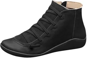 Gibobby Boots for Women Dressy Winter Casual Leather Side Zipper Round Toe Cowboy Booties Fall Flat Short Shoes Boots