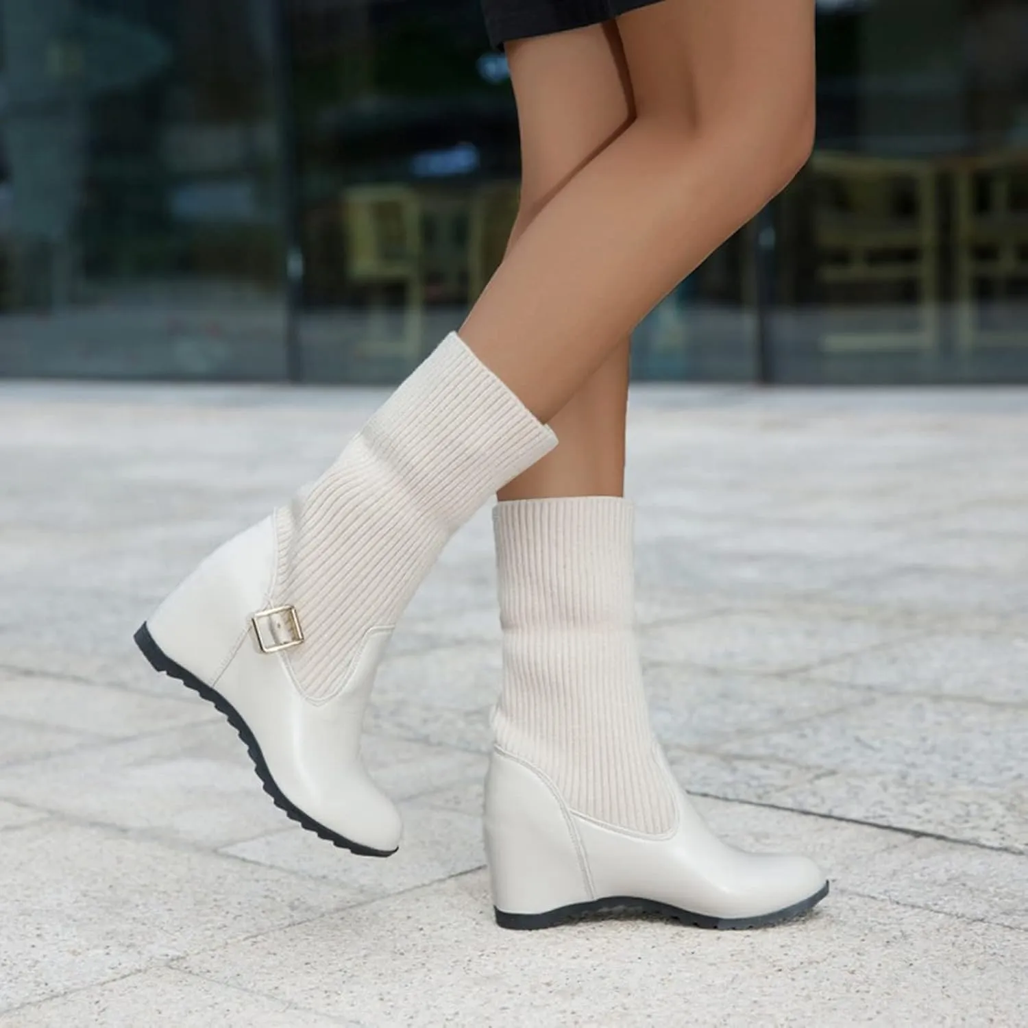 Gibobby Cowgirl Boots Women Wide Calf Cowgirl Fashion Slip On Western Leather Boots Square Toe Knee High Shoes 52