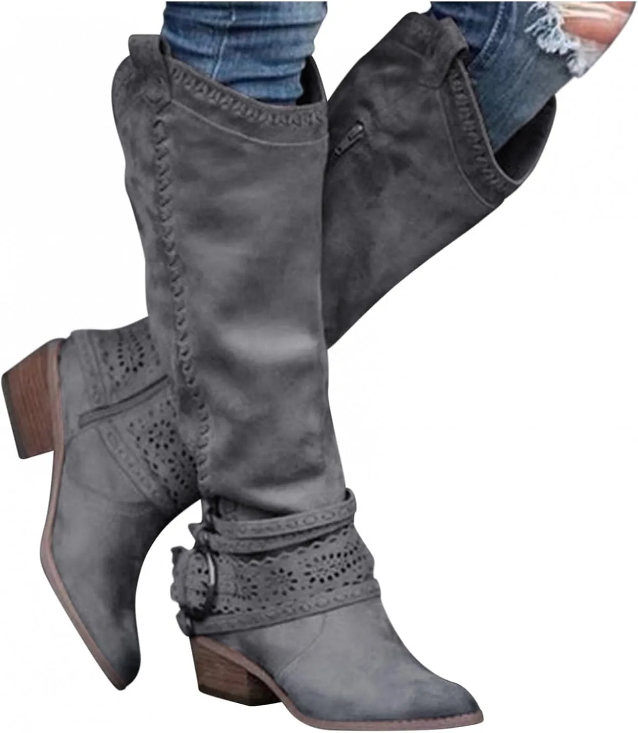 Gibobby Women Boots Mid Knee High Boots Chunky Heel Wide Calf Side Zipper Fashion Winter Shoes Cowboy Booties