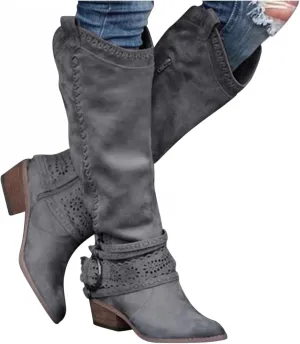 Gibobby Women Boots Mid Knee High Boots Chunky Heel Wide Calf Side Zipper Fashion Winter Shoes Cowboy Booties