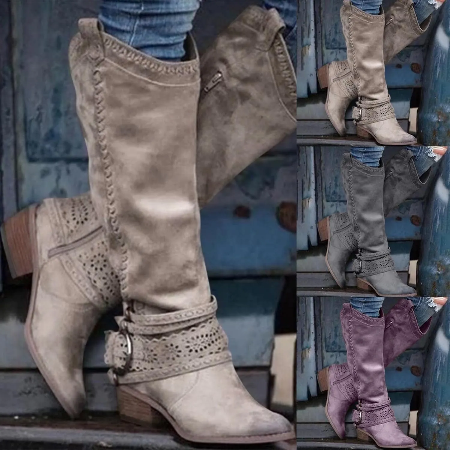 Gibobby Women Boots Mid Knee High Boots Chunky Heel Wide Calf Side Zipper Fashion Winter Shoes Cowboy Booties