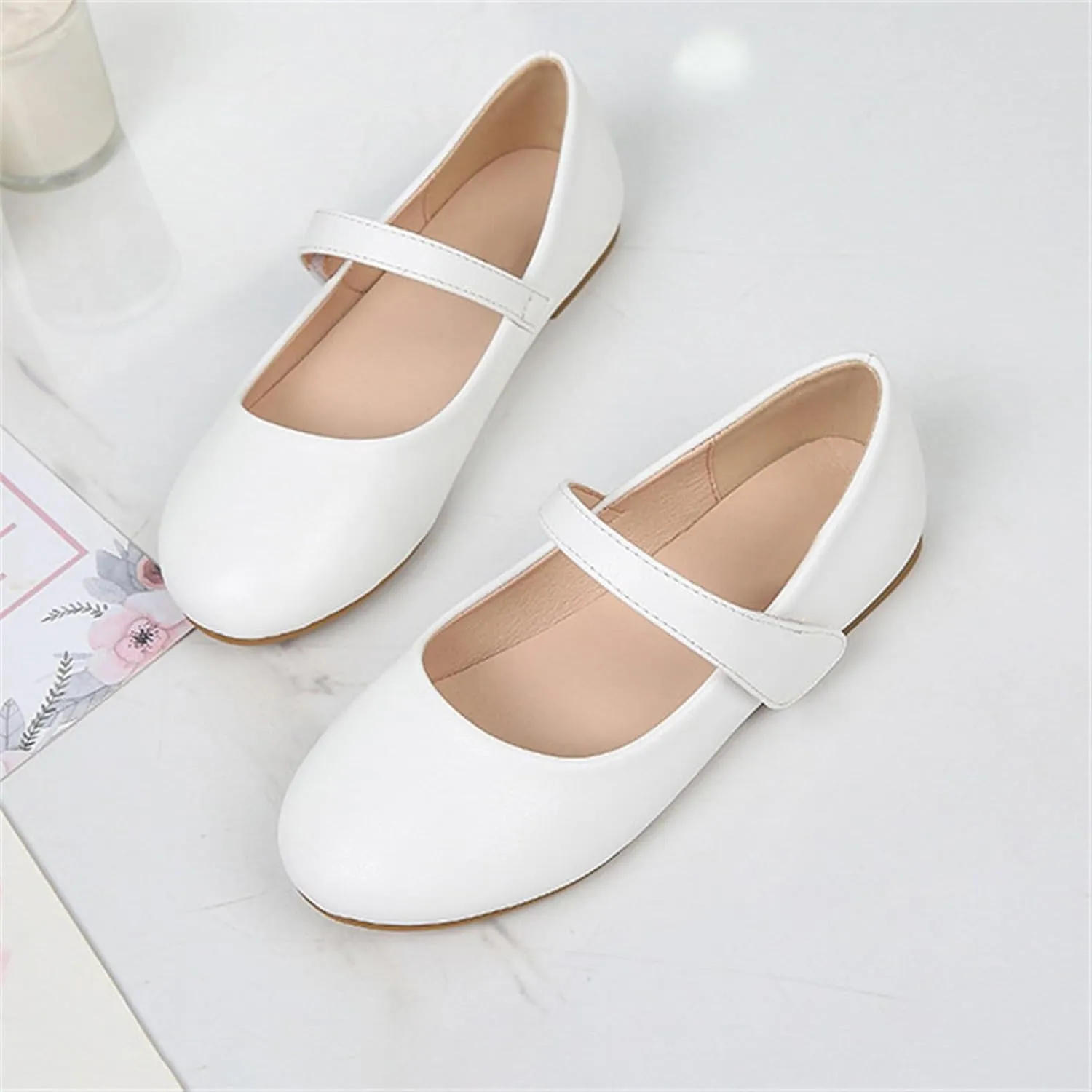 Girls Closed Toe Mary Jane Flat Big Kids School niform Dress Shoes Princess Low Heel Hook and Loop Formal Shoes