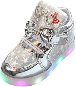 Girls Light Up Shoes Toddler Glitter High Top LED Sneakers with Cute Bowknot Baby Ankle Boots Walking Shoes for Kids