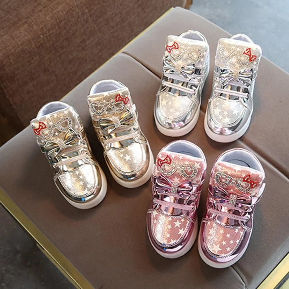 Girls Light Up Shoes Toddler Glitter High Top LED Sneakers with Cute Bowknot Baby Ankle Boots Walking Shoes for Kids