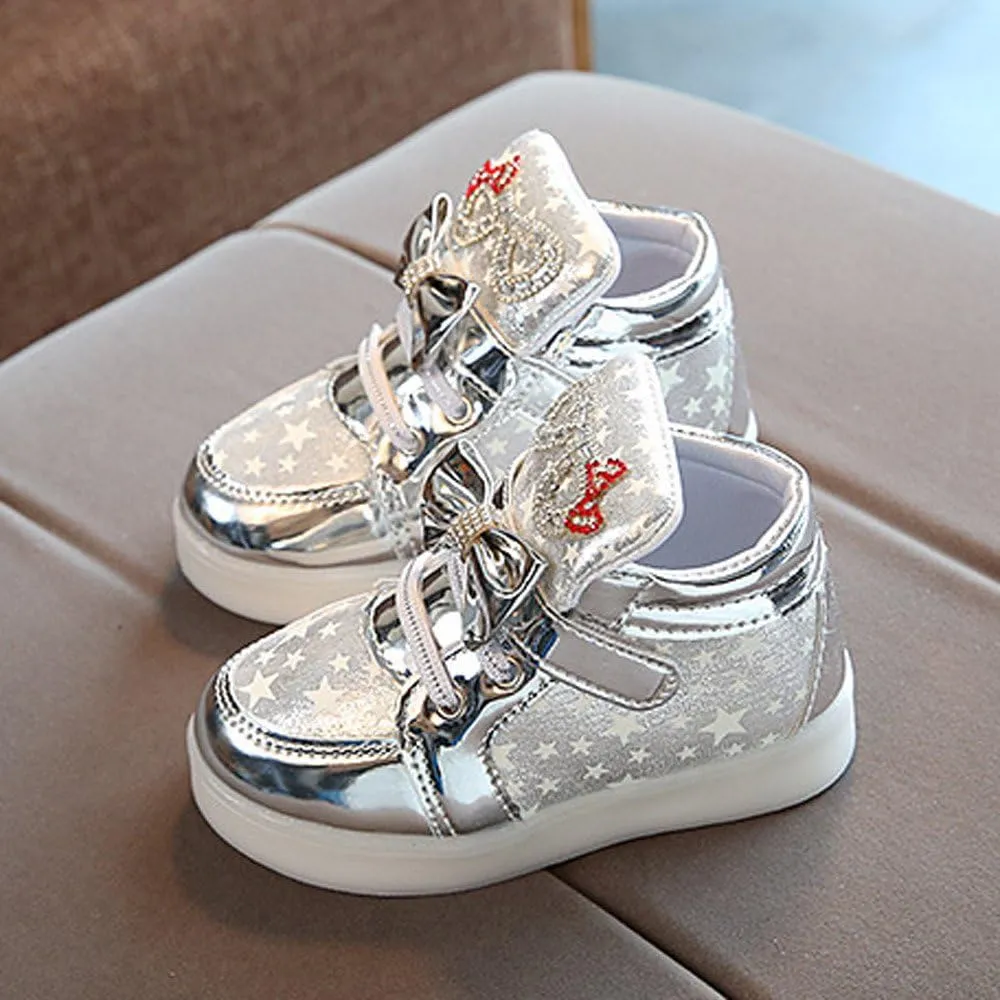 Girls Light Up Shoes Toddler Glitter High Top LED Sneakers with Cute Bowknot Baby Ankle Boots Walking Shoes for Kids