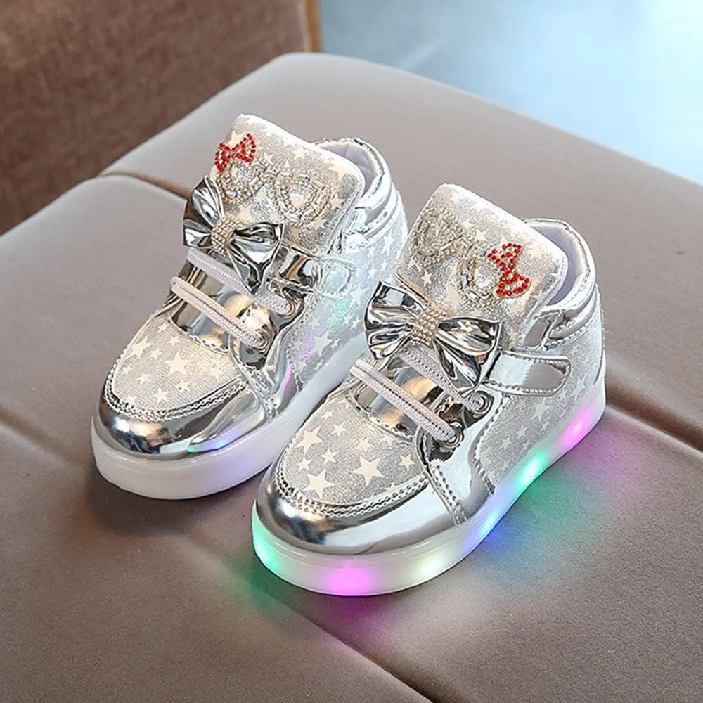 Girls Light Up Shoes Toddler Glitter High Top LED Sneakers with Cute Bowknot Baby Ankle Boots Walking Shoes for Kids