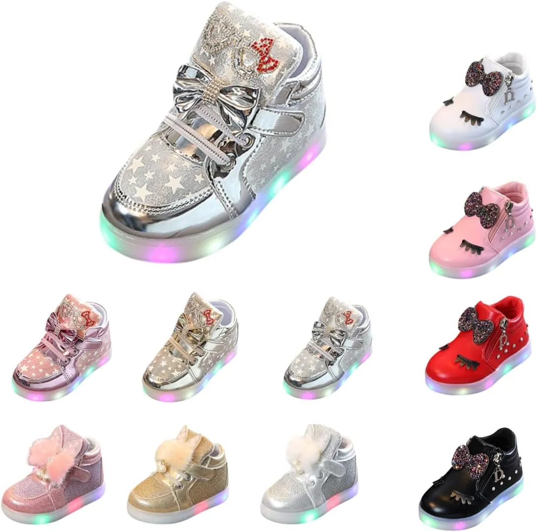 Girls Light Up Shoes Toddler Glitter High Top LED Sneakers with Cute Bowknot Baby Ankle Boots Walking Shoes for Kids