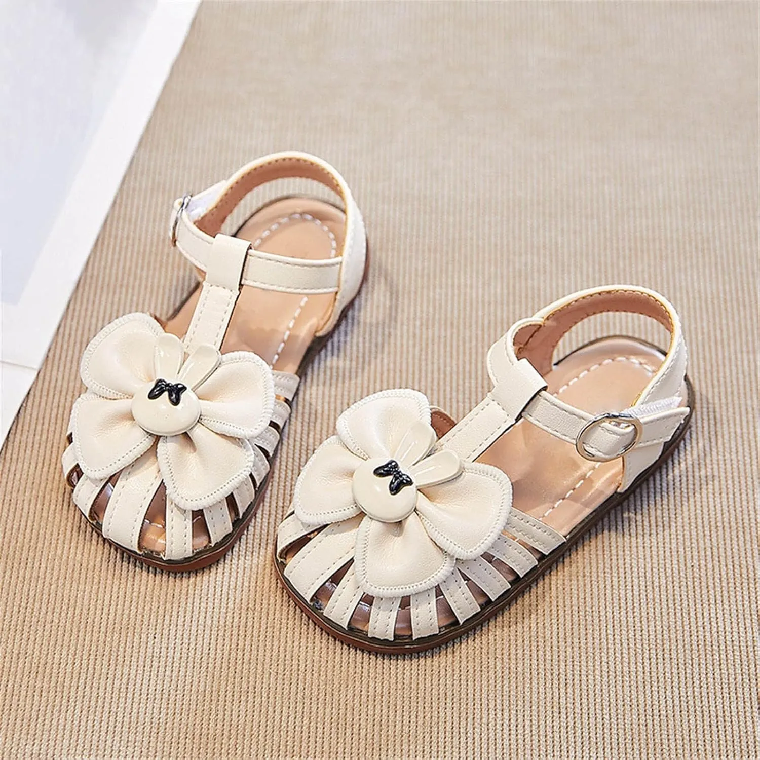 Girls Open Toe Princess Flat Sandals with Comfort Sole Summer Flower Girl Wedding Dress Shoes with Ankle Strap