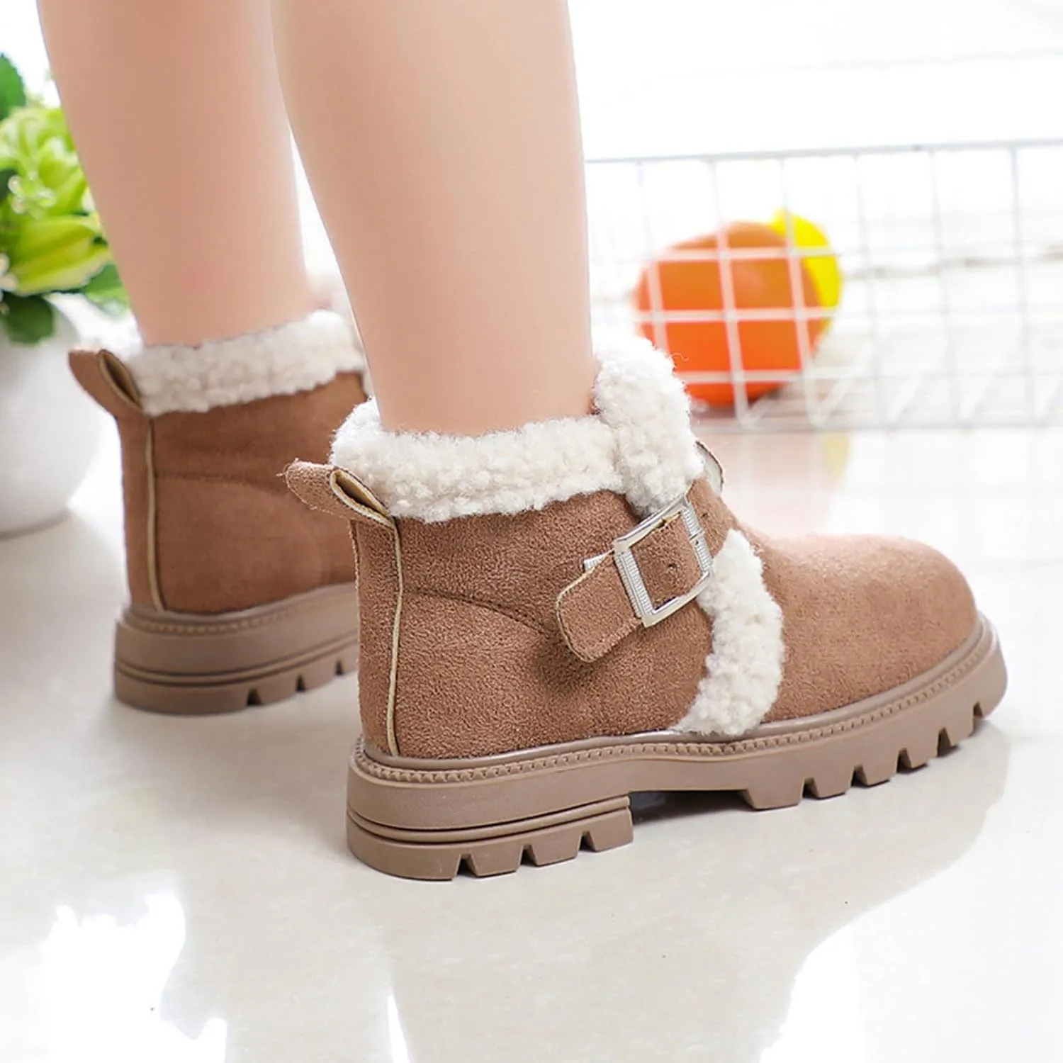 Girls Winter Boots Ankle Booties for Little Kids Suede Warm Fur Lining Comfortable Mini Cotton Platform Non Slip