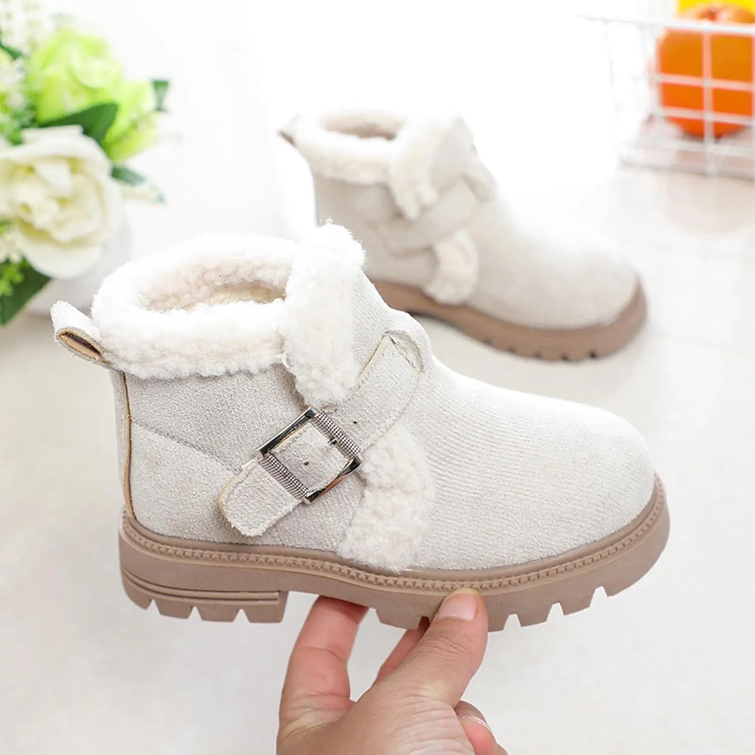 Girls Winter Boots Ankle Booties for Little Kids Suede Warm Fur Lining Comfortable Mini Cotton Platform Non Slip