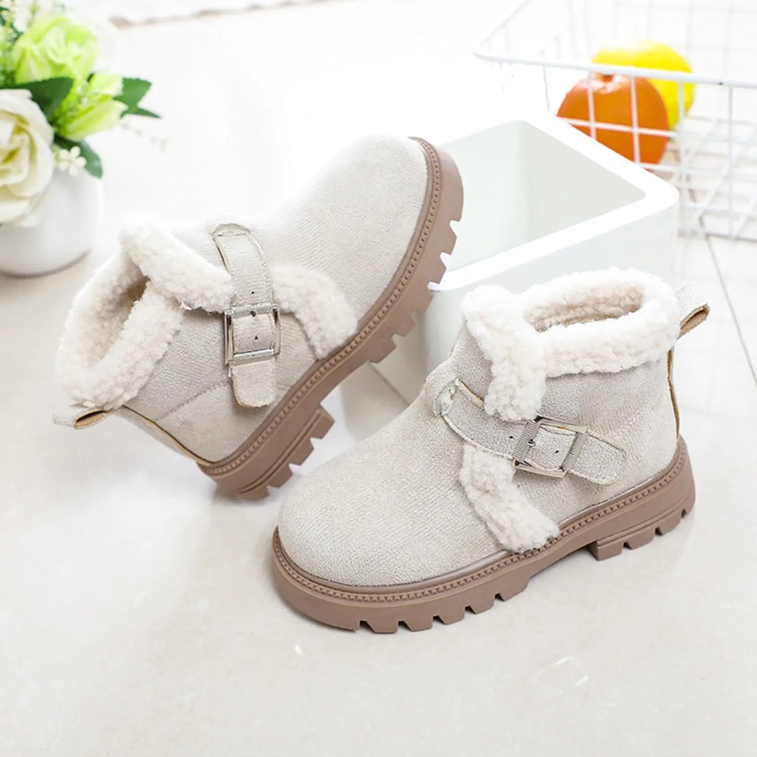 Girls Winter Boots Ankle Booties for Little Kids Suede Warm Fur Lining Comfortable Mini Cotton Platform Non Slip