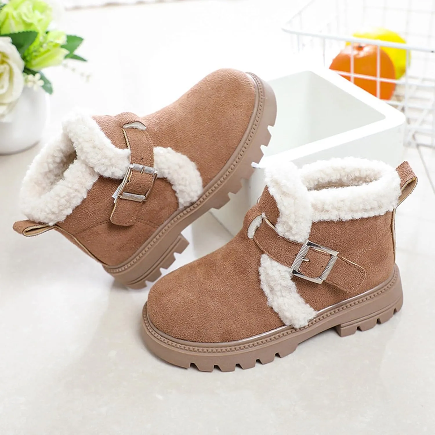Girls Winter Boots Ankle Booties for Little Kids Suede Warm Fur Lining Comfortable Mini Cotton Platform Non Slip