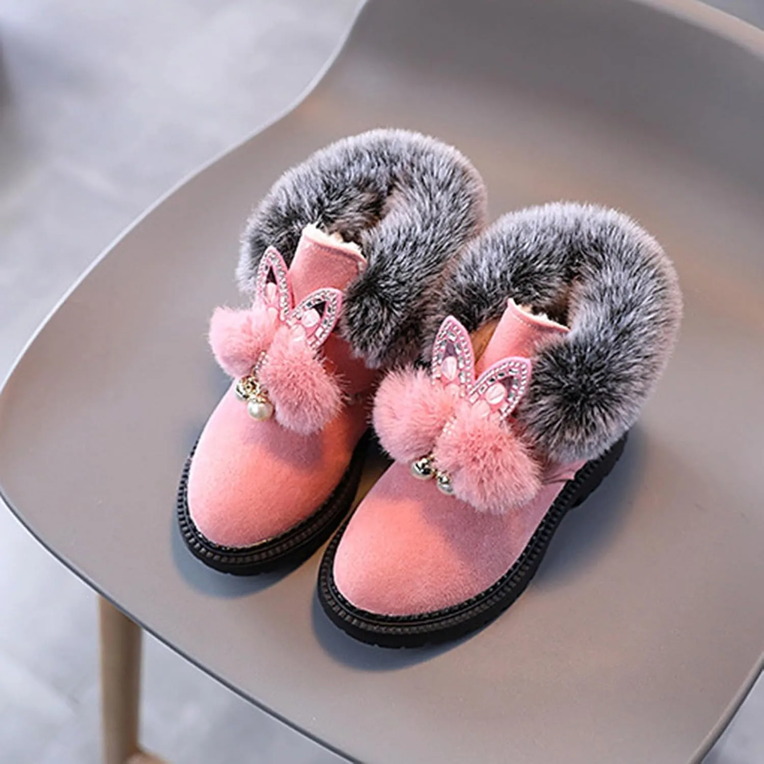 Girls Winter Boots Ankle Snow Boot Warm Suede Lightweight Warm Faux Fur Lined Mid-Calf Comfort Snow Boots for Kids