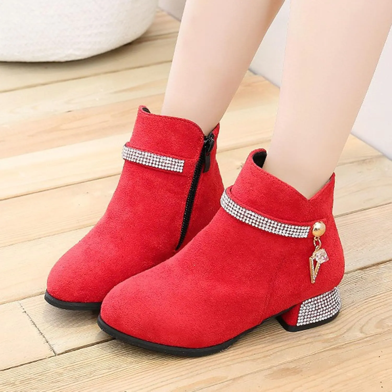 Girls Winter Boots Fashion Short Suede Booties with Low Heels Glitter Side Zipper for Kids Suede Ankle Booties