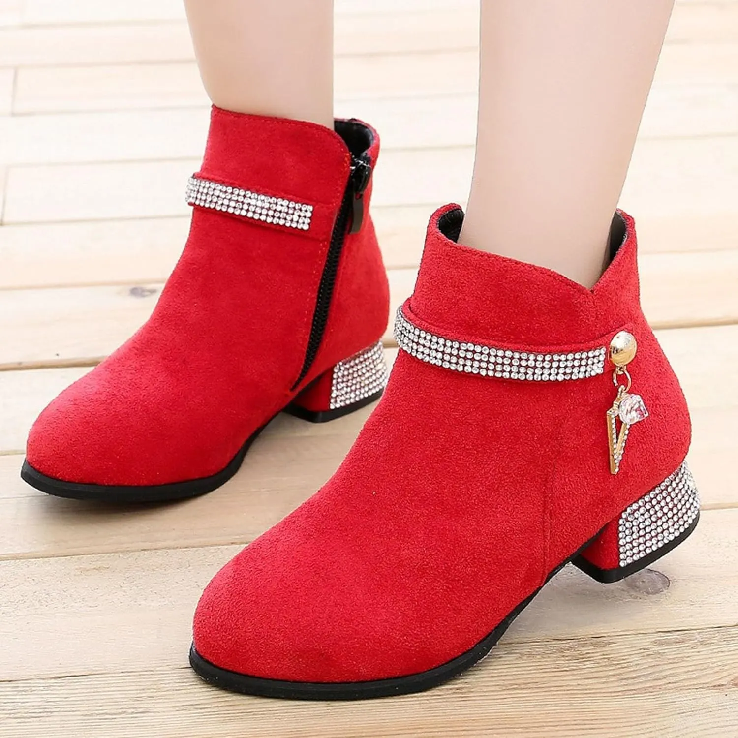 Girls Winter Boots Fashion Short Suede Booties with Low Heels Glitter Side Zipper for Kids Suede Ankle Booties