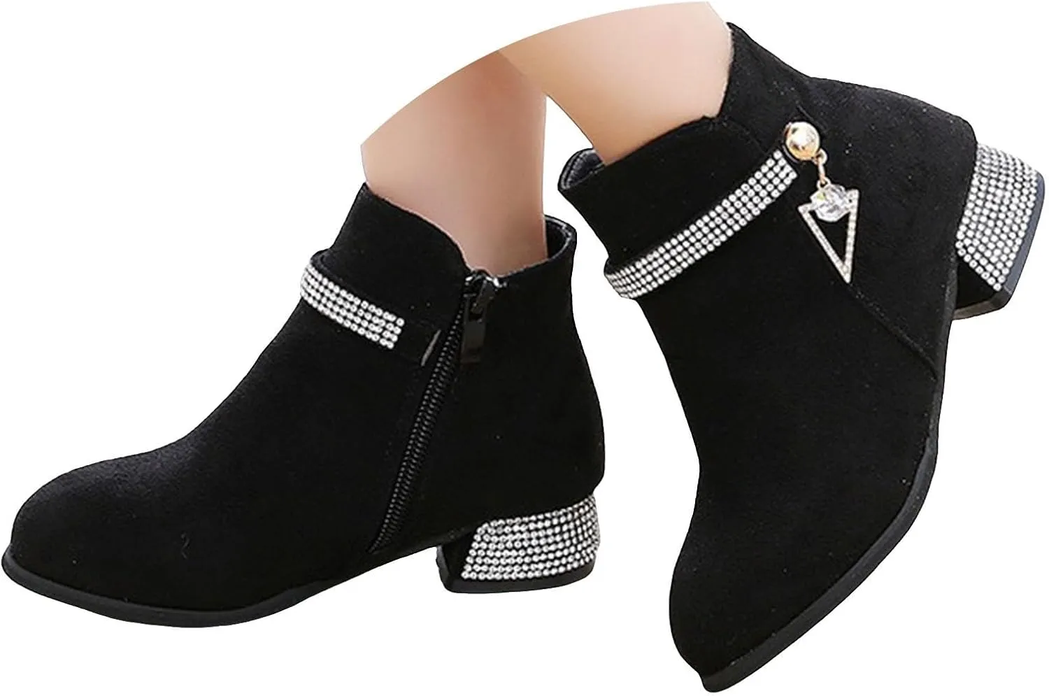 Girls Winter Boots Fashion Short Suede Booties with Low Heels Glitter Side Zipper for Kids Suede Ankle Booties