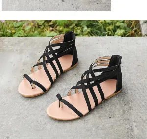 Gladiator Sandals for Women Cross Strappy Flat Sandals T-Strap Fisherman Open Toe Ankle Strap Beach Roman Shoes Zipper