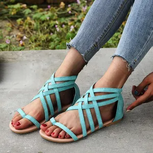 Gladiator Sandals for Women Cross Strappy Flat Sandals T-Strap Fisherman Open Toe Ankle Strap Beach Roman Shoes Zipper