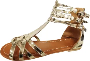 Gold Flat Womens Sandals Snakeskin Print Cover Heel Falt Gladiator Criss Cross Buckle Peep toe 8 Gold Flat Sandals