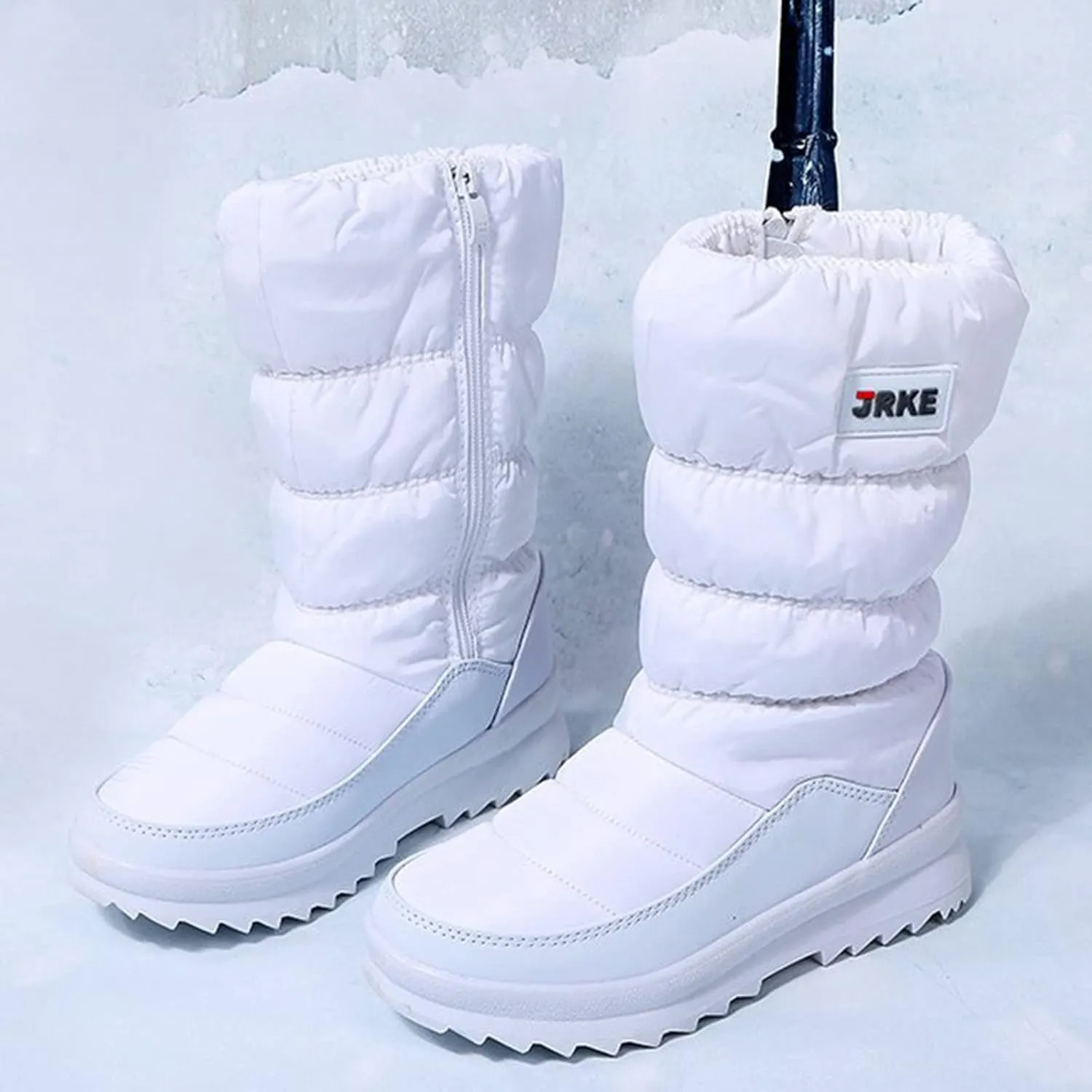 Hiking Boots Women Puffly Platform Snow Boots Plus Fleece Side Zipper Mid-Calf Cotton Non-Slip Booties
