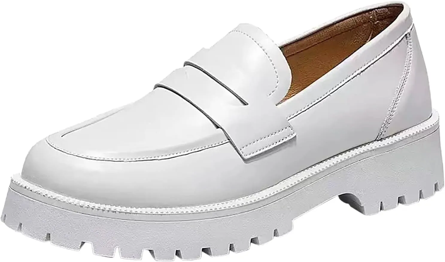 HINDOLA Loafers for Women Lug Sole Platform Chunky Loafers Classic Round Toe Slip On Loafers Comfortable Penny Casual Shoes
