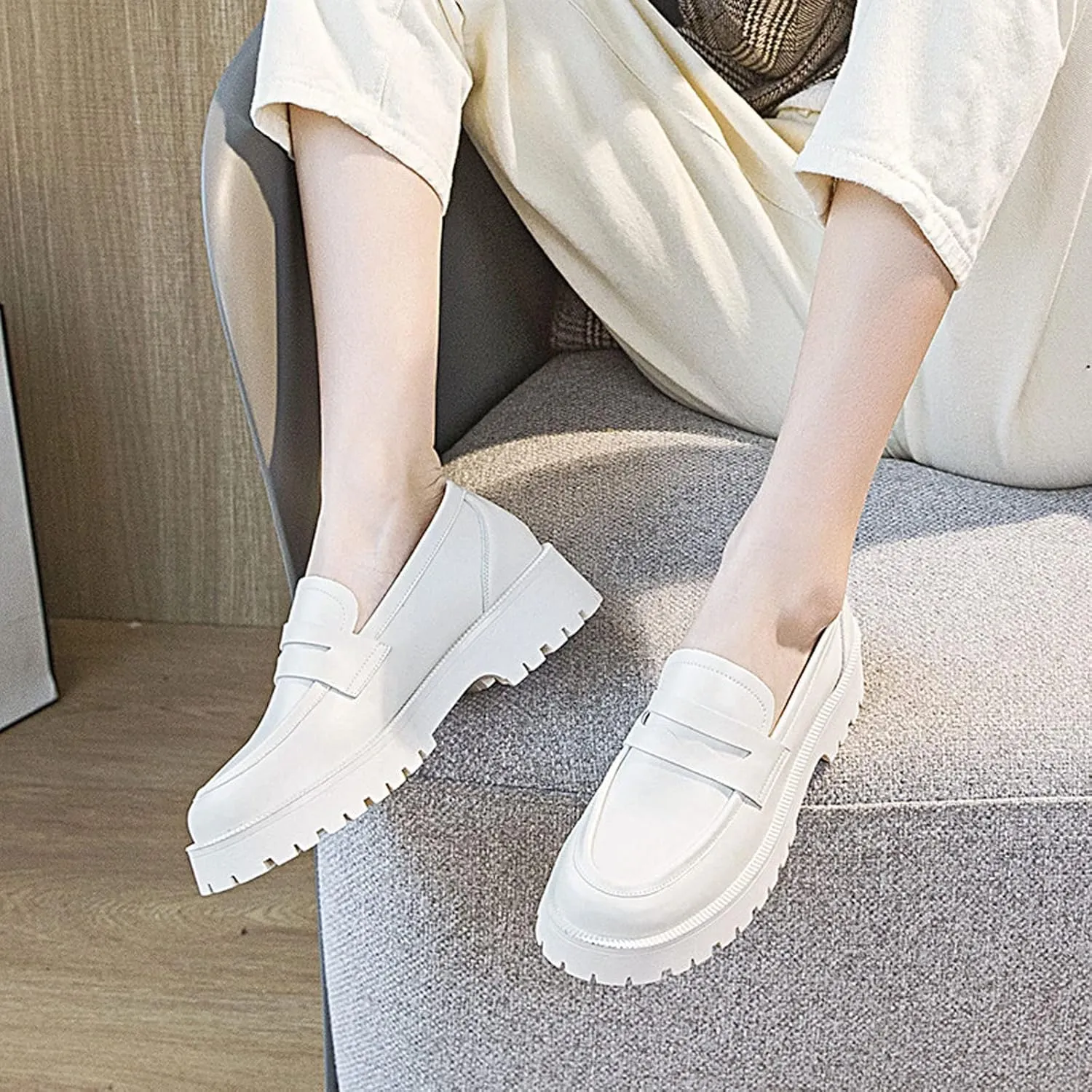 HINDOLA Loafers for Women Lug Sole Platform Chunky Loafers Classic Round Toe Slip On Loafers Comfortable Penny Casual Shoes