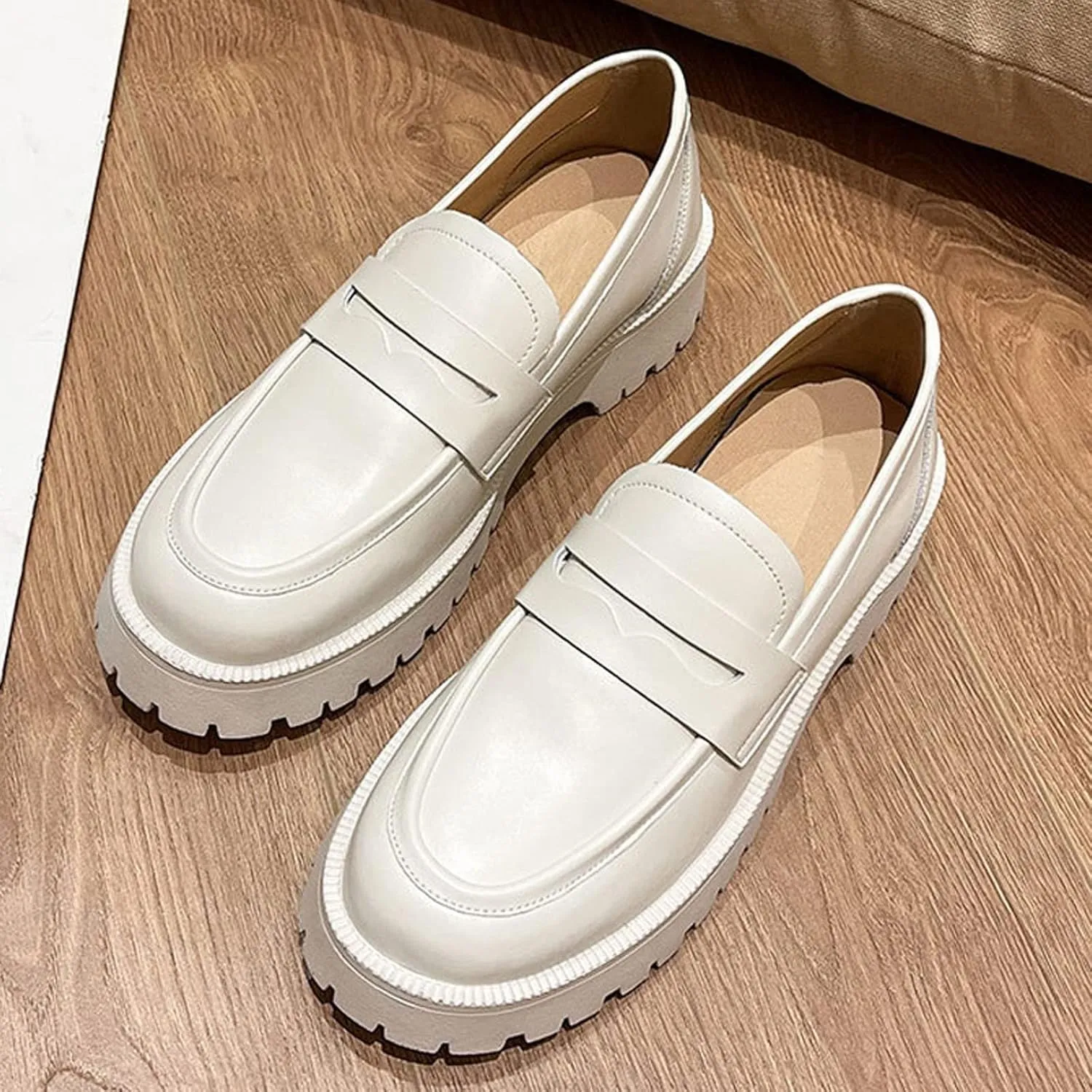 HINDOLA Loafers for Women Lug Sole Platform Chunky Loafers Classic Round Toe Slip On Loafers Comfortable Penny Casual Shoes