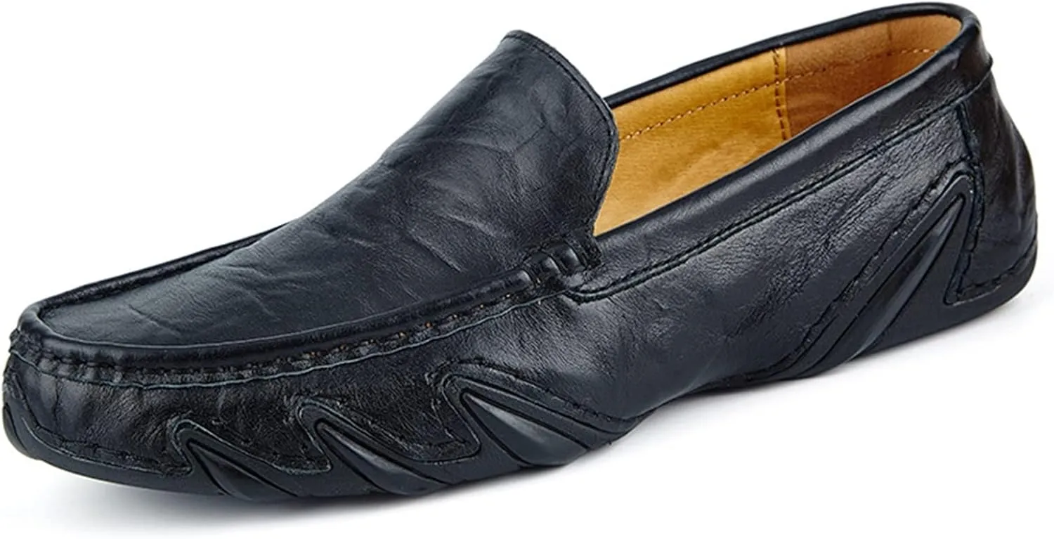 HOOENG Driving Moccasins Loafer Shoes for Men Genuine Leather Round Toe Stitching Details Breathable Perforated Option Resistant Soft Flexible Flat Heel