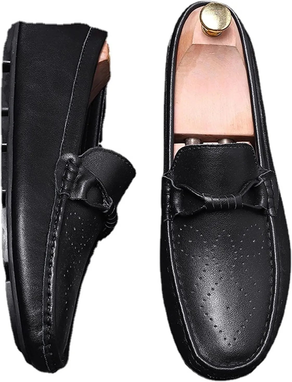 HOOENG Driving Moccasins Smoking Loafer for Men Rope Tie Brogue Round Toe Genuine Leather Breathable Resistant Soft Comfortable Driving Slip on