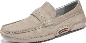 HOOENG Smoking Loafer Shoes for Men Genuine Leather Round Toe Stitching Details Breathable Flat Heel Soft Resistant Comfortable Driving Slip on (Color : Beige, Size : 7.5)