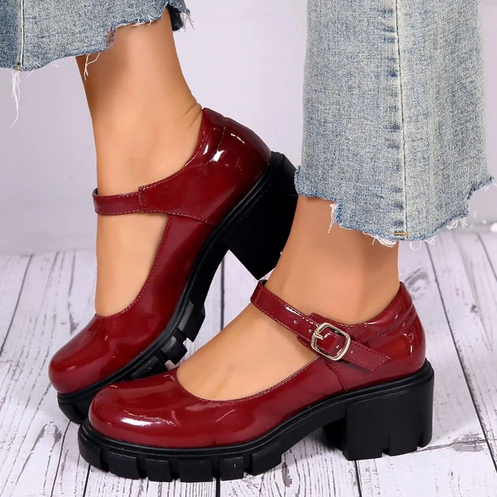 JITUUE Stylish Women's Chunky Heel Loafers Platform Patent Leather Niujin Shoes Casual Comfortable Flats Oxfords Shoes Black