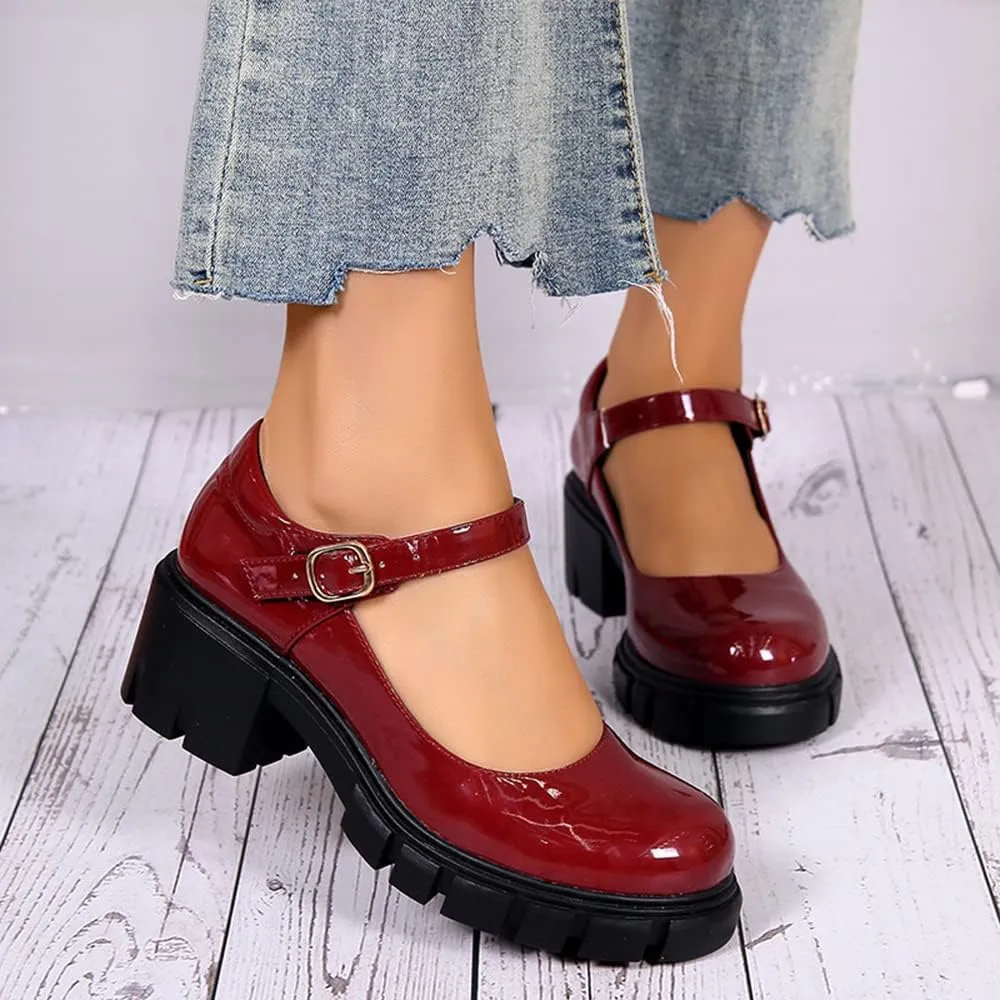 JITUUE Stylish Women's Chunky Heel Loafers Platform Patent Leather Niujin Shoes Casual Comfortable Flats Oxfords Shoes Black