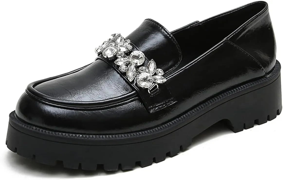 JOEupin Women's Chunky Heel Loafers Platform Patent Leather Chunky Loafers Leather Shoes with Metal