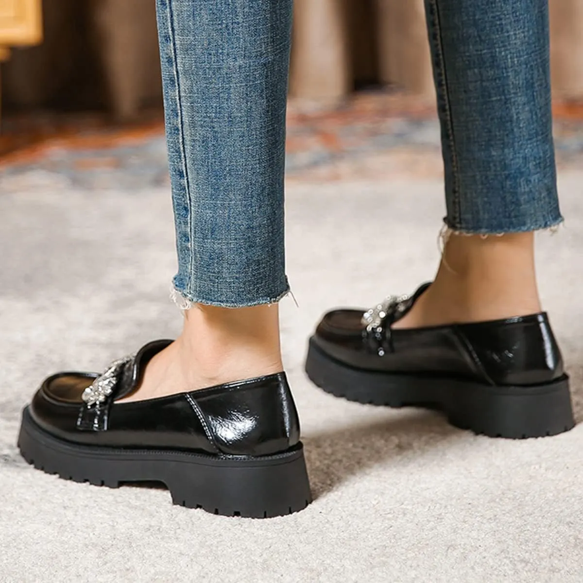 JOEupin Women's Chunky Heel Loafers Platform Patent Leather Chunky Loafers Leather Shoes with Metal