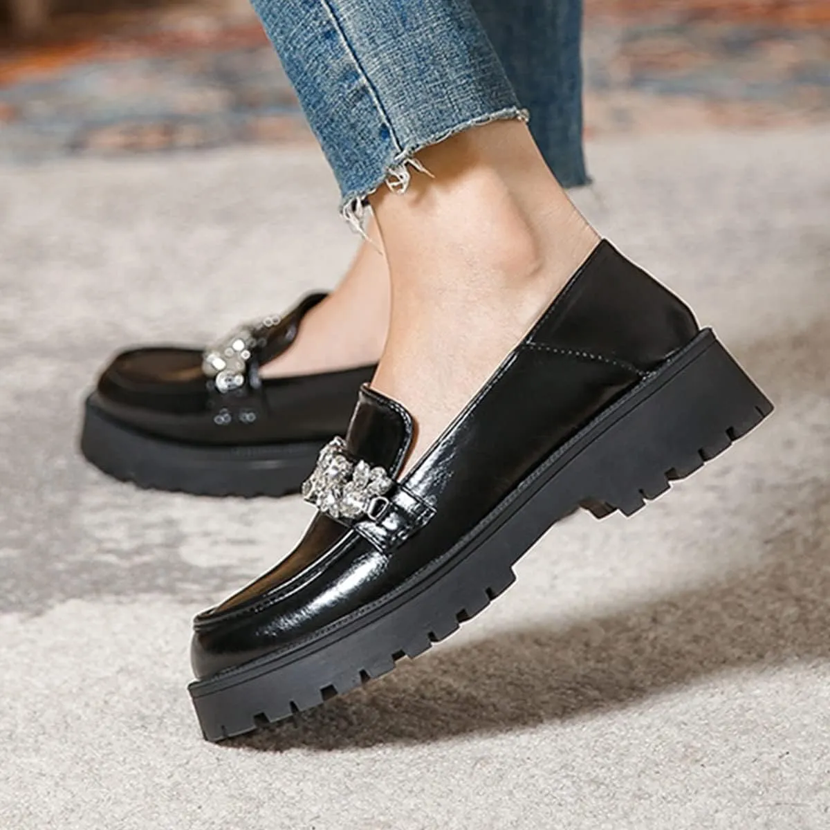 JOEupin Women's Chunky Heel Loafers Platform Patent Leather Chunky Loafers Leather Shoes with Metal