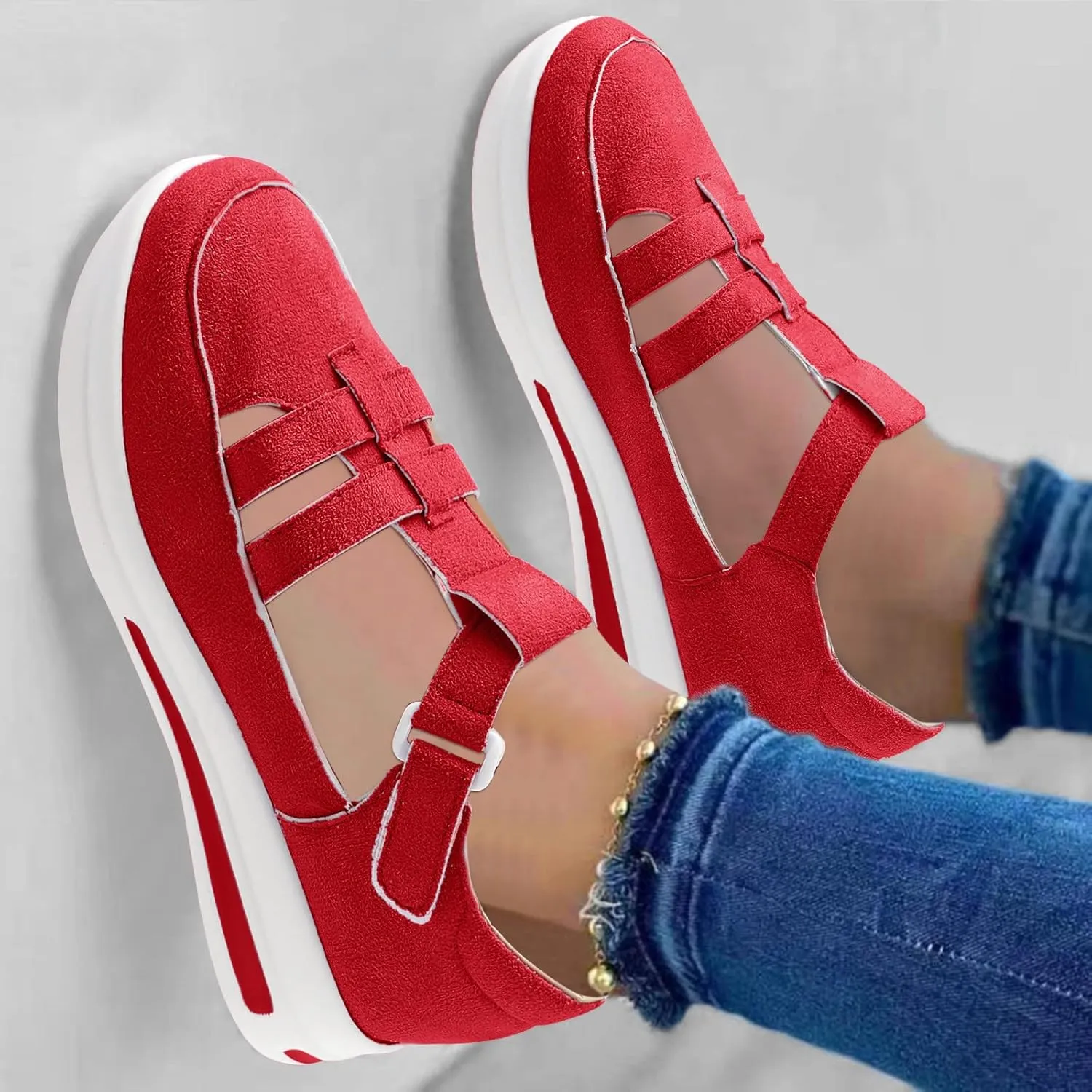 Ladies Fashion Solid Color Hollowed Out Flock Hook Loop Thick Sole Casual Sports Shoes Womens Water Shoes
