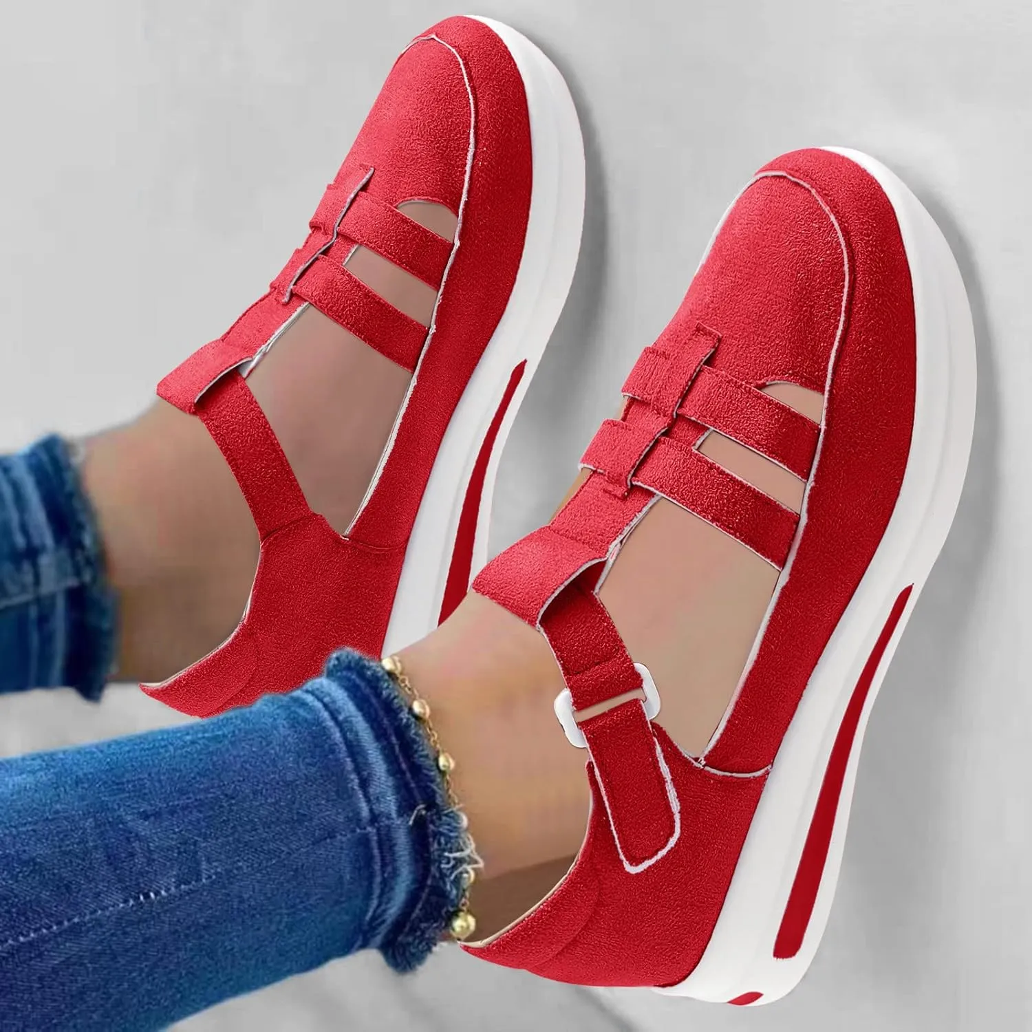 Ladies Fashion Solid Color Hollowed Out Flock Hook Loop Thick Sole Casual Sports Shoes Womens Water Shoes