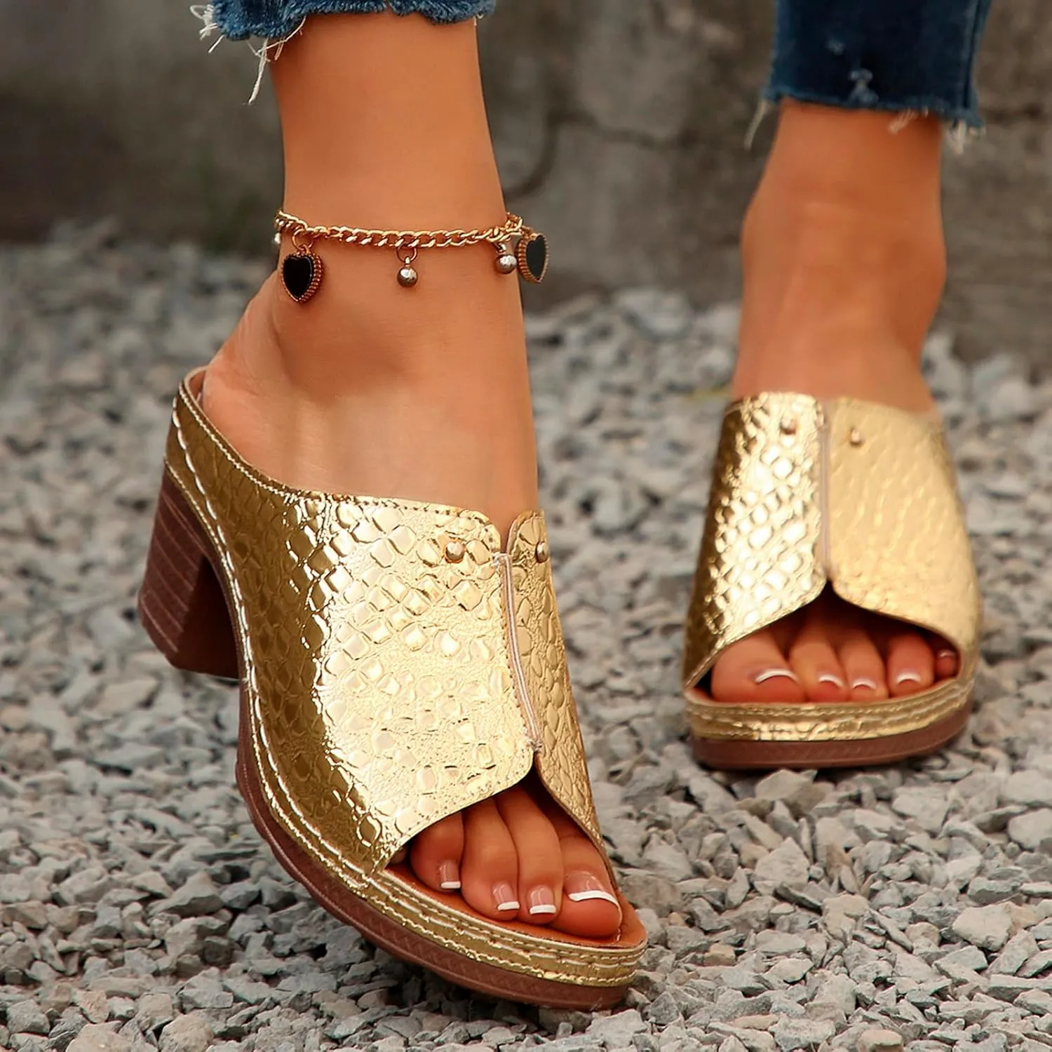Ladies Summer Casual Bright Leather Solid Color Large Size High Heel Thick Bottom Beach Jelly Sandals for Women Heel