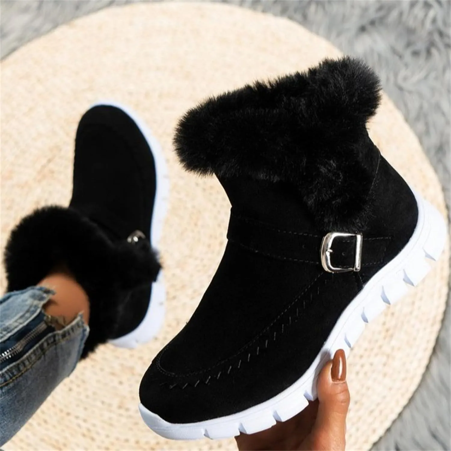 Ladmiple Boots For Women Ankle Booties Winter Snow Boots Classic Faux Fur Lined Slip On Casual Warm Comfortable Loafers Shoes