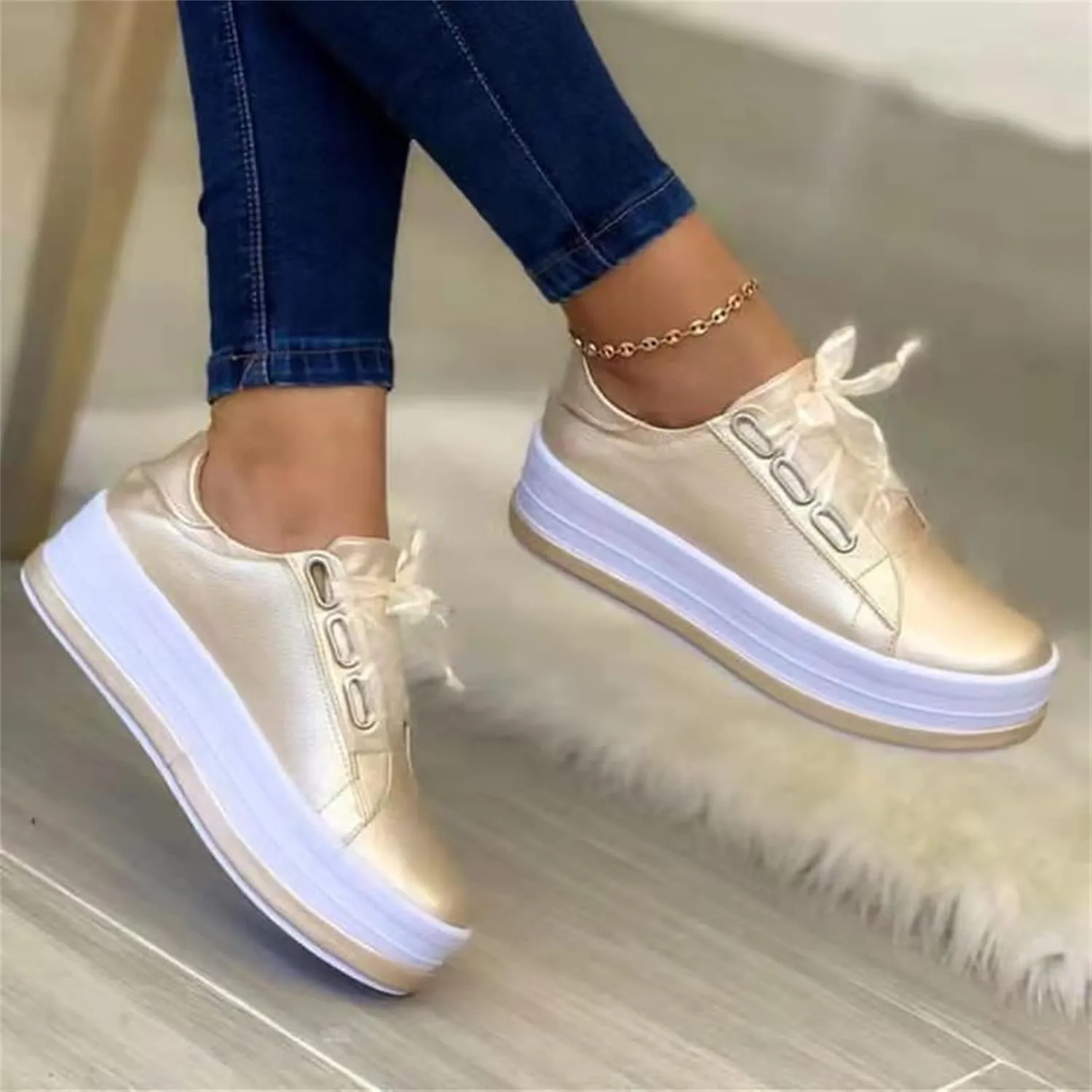 Ladmiple Shoes For Women Sneakers Slip Ons Lace Up Fashion Casual Summer Platform Leather Walking Shoes Flats Loafers
