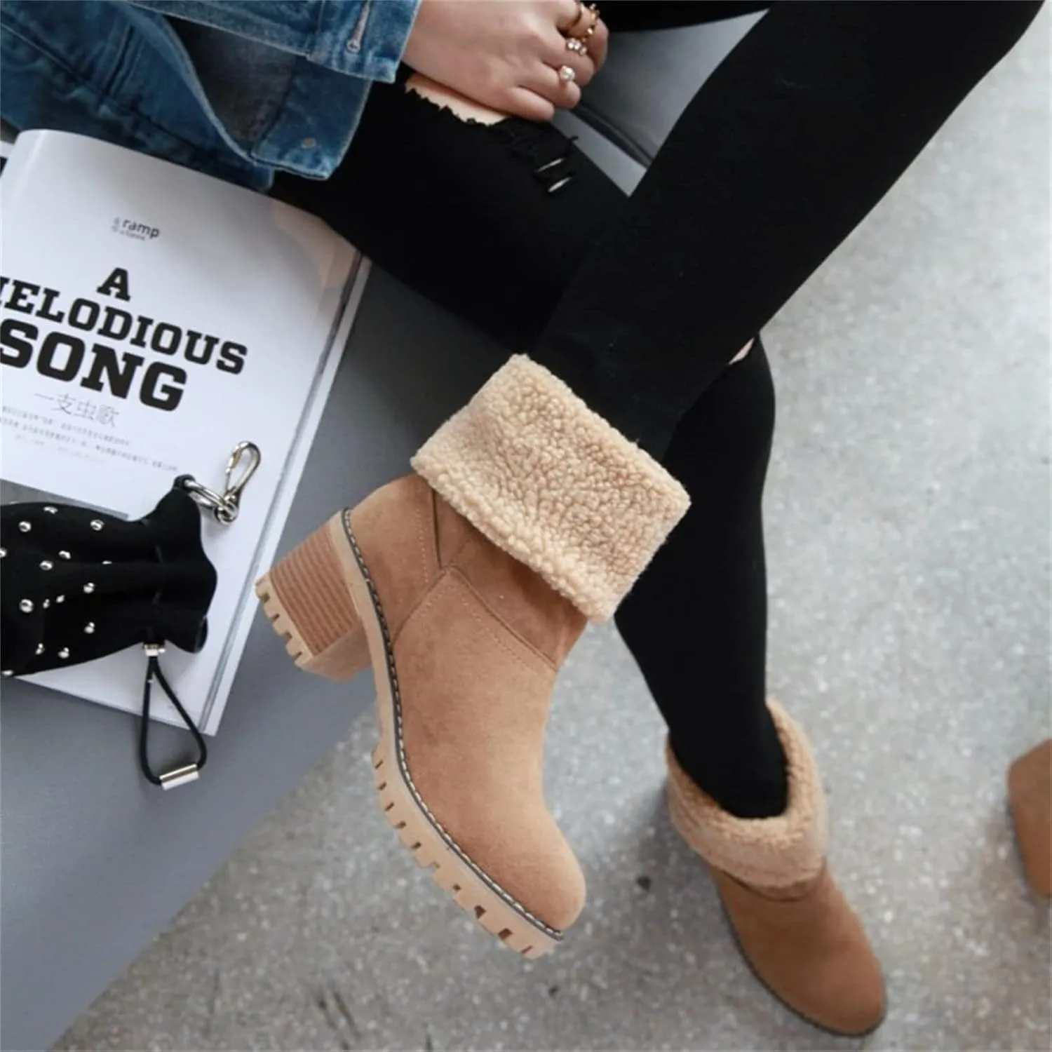 Ladmiple Snow Boots For Women Cute Tall Mid Calf Winter Shoes Fur Lined Warm Slip On Ankle Booties Anti Slip Walking Shoes