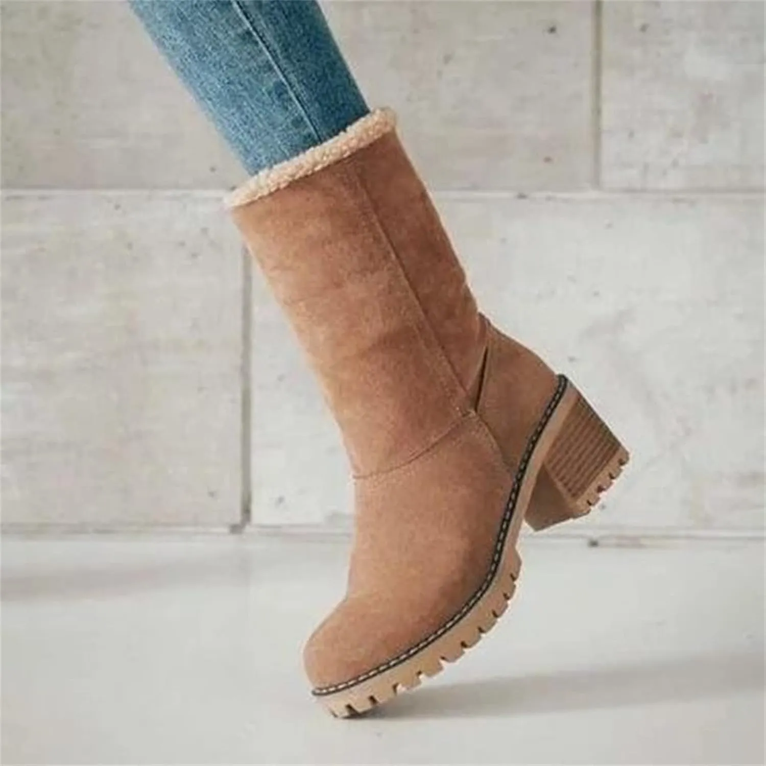 Ladmiple Snow Boots For Women Cute Tall Mid Calf Winter Shoes Fur Lined Warm Slip On Ankle Booties Anti Slip Walking Shoes