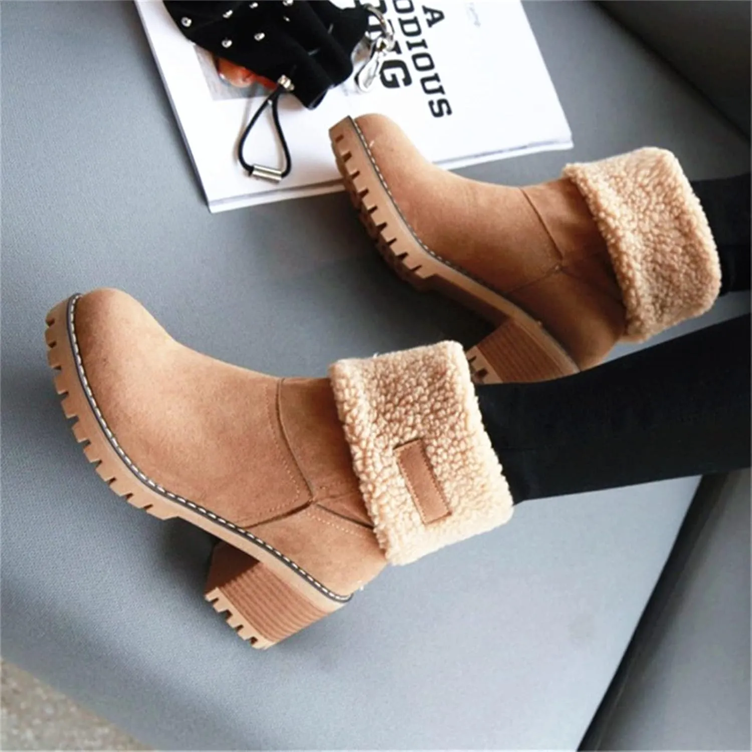 Ladmiple Snow Boots For Women Cute Tall Mid Calf Winter Shoes Fur Lined Warm Slip On Ankle Booties Anti Slip Walking Shoes