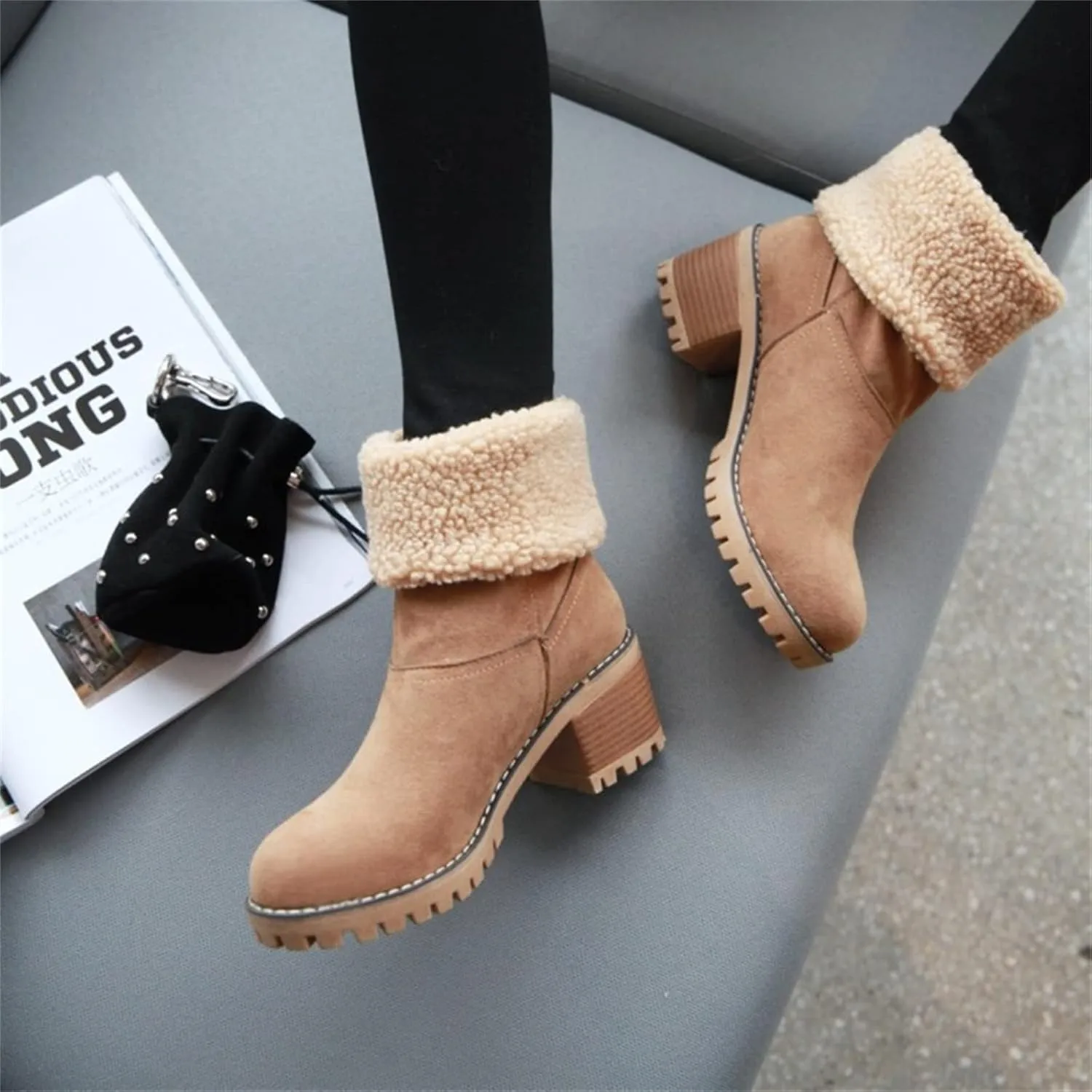 Ladmiple Snow Boots For Women Cute Tall Mid Calf Winter Shoes Fur Lined Warm Slip On Ankle Booties Anti Slip Walking Shoes