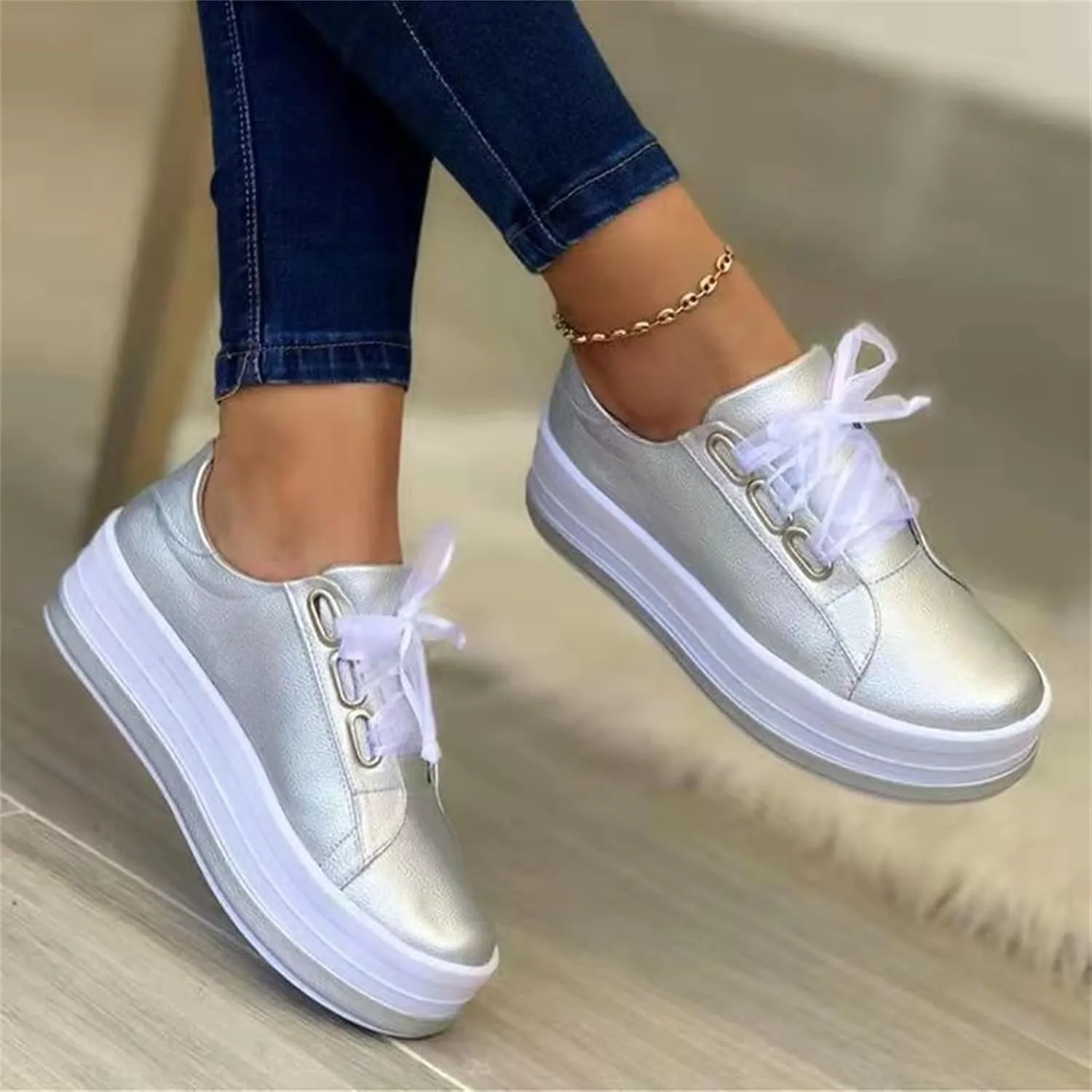 Ladmiple Womens Shoes Dressy Casual Loafers Lace Up Leather Sneaker Fashion Comfortable Slip On Platform Walking Shoes