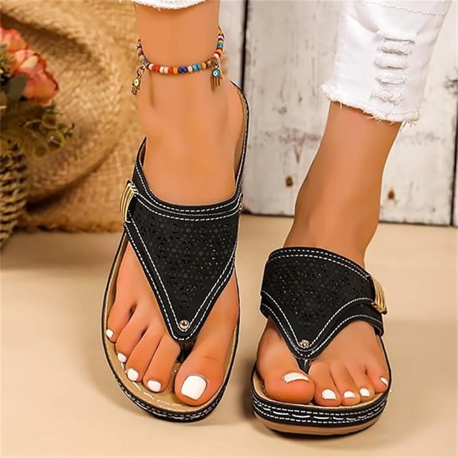 Lausiuoe Sandals Women Dressy Summer Flat Cute Casual Beach Shoes Fashion Orthotic Flip Flops Slip On Orthopedic Slippers