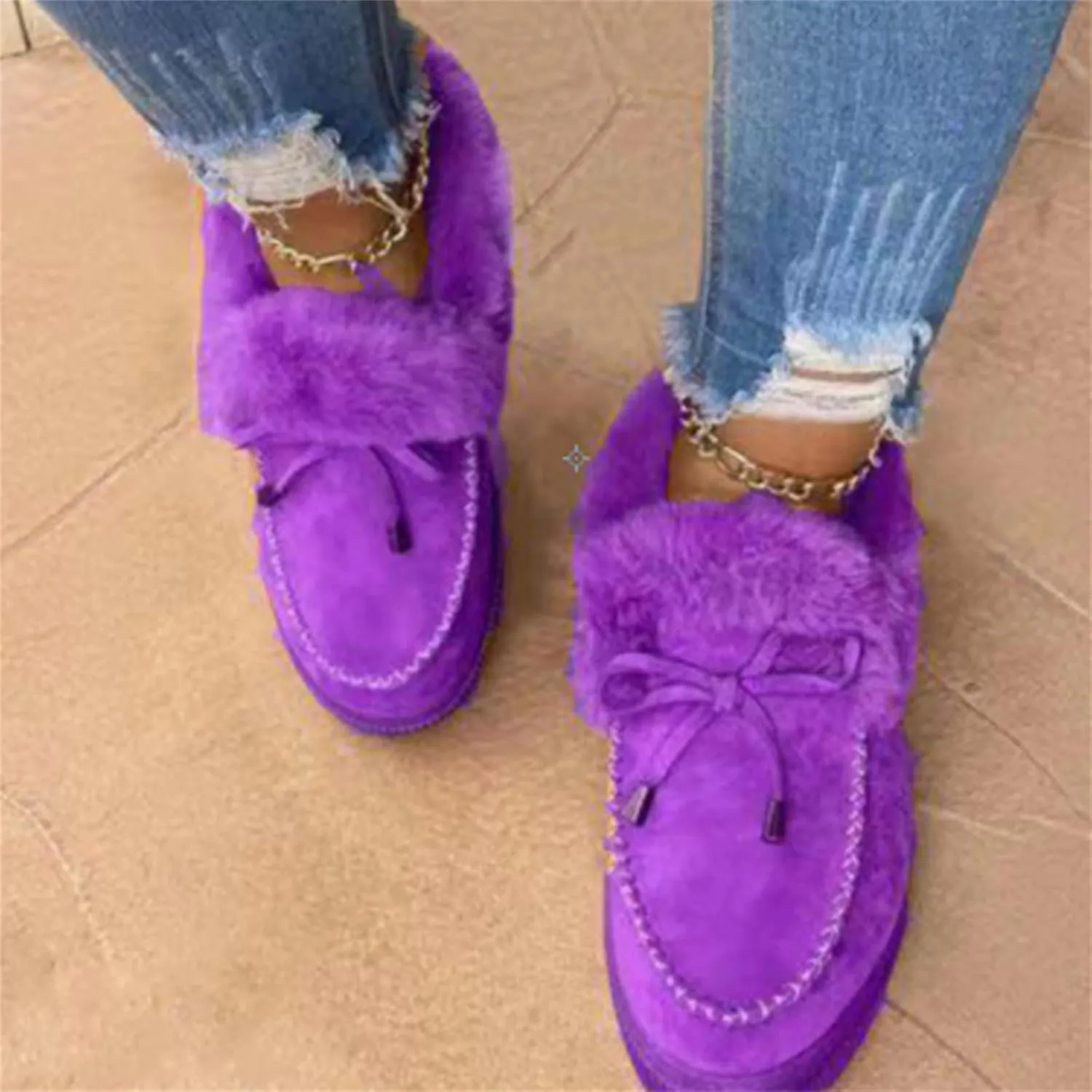 Lausiuoe Winter Boots For Women 2022 With Fur Fuzzy Bootie Silp On Comfortable Casual Warm Fluffy Loafers Ankle Boots